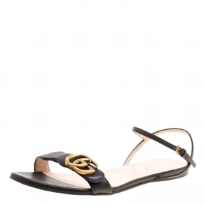 Pre Owned Gucci Black Leather Marmont Double G Flat Ankle Strap Sandals Size 38