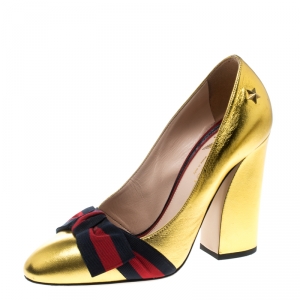 Pre Owned Gucci Metallic Gold Leather Web Bow Detail Pumps Size 37.5