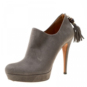 Pre Owned Gucci Grey Suede Bamboo Tassel Platform Booties Size 38.5