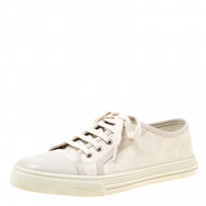 Gucci Off White Monogram Canvas and Leather Lace Up Sneakers Size 38