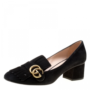 مملوكة مسبقًا Gucci Black Suede Fringe Marmont Loafer Pumps Size 39.5