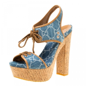 مملوكة مسبقًا صندل غوتشي نعل سميك روكي دنيم مونوغرامي أزرق مقاس 38.5