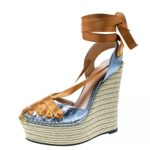 Pre Owned Gucci Metallic Blue/Dark Yellow Leather and Satin Alexis Wrap Platform Wedge Sandals Size 36.5