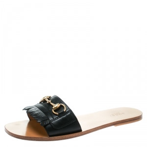 مملوكة مسبقًا Gucci Black Fringe Leather Horsebit Slide Sandals Size 38