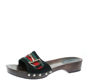 مملوكة مسبقًا Gucci Black GG Canvas Signature Web Icon Bit Wood Slide Clog Sandals Size 40