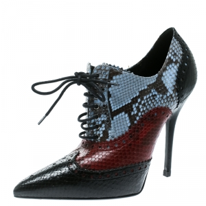 Pre Owned Gucci Tricolor Brogue Python Gia Pointed Toe Lace Up Ankle Booties Size 37