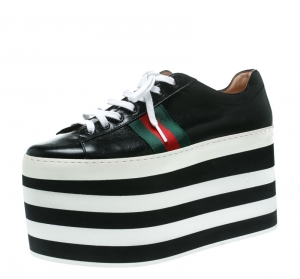 Gucci Black Leather Peggy Web Detail Platform Sneakers Size 39