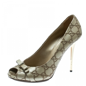 مملوكة مسبقًا Gucci Beige Guccissima Leather Bow Detail Peep Toe Pumps Size 40 