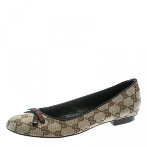 مملوكة مسبقًا Gucci Beige GG Canvas Web Bow Ballet Flats Size 37.5