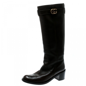 Pre Owned Gucci  Black Leather GG Running Riding Knee Boots Size 40