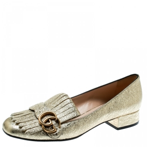 Pre Owned Gucci Metallic Gold Foil Leather GG Marmont Fringe Detail Block Heel Pumps Size 38.5
