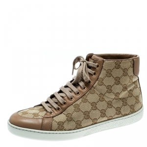 Gucci Beige GG Canvas With Leather Trim High Top Sneakers Size 38