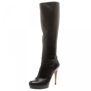 Pre Owned Gucci Black Leather Bamboo Tassel Knee Length Platform Boots Size 38.5 