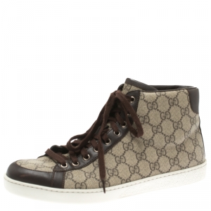 Gucci Beige GG Supreme Canvas And Brown Leather Trim High Top Sneaker Size 43