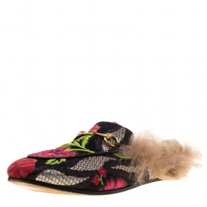 مملوكة مسبقًا Gucci Multicolor Floral Brocade And Fur Lined Princetown Flat Mule Loafers Size 38