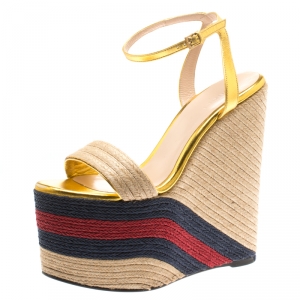 Pre Owned صندل غوتشي سير كاحل كعب روكي إسبادريل رافيا وجلد ذهبي ميتالك مقاس 37