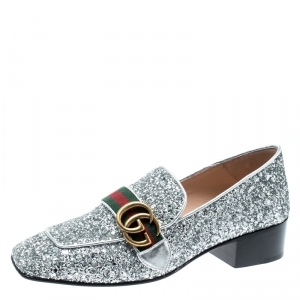 مملوكة مسبقًا حذاء كعب عالي غوتشي لوفر بيتون مارمونت غليتر كورسيه فضي ميتالك مقاس 37