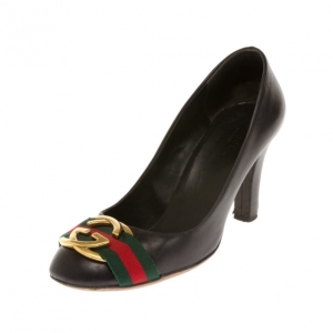 Pre Owned Gucci Black Leather Signature Web Interlocking G Buckle Pumps Size 38