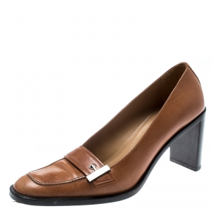 Pre Owned Gucci Beige Leather Buckle Detail Loafer Pumps Size 38