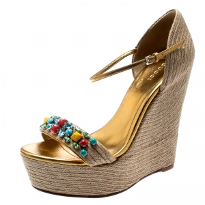 Pre Owned Gucci Beige Jute Metallic Gold Leather Trim Carolina Crystal Embellished Espadrille Platform Wedge Sandals Size 40