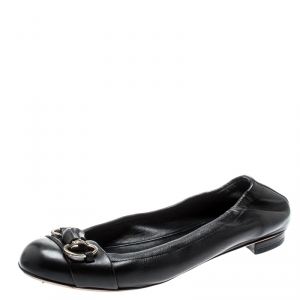 Pre Owned Gucci Black Leather Bamboo Horsebit Scrunch Ballet Flats Size 36
