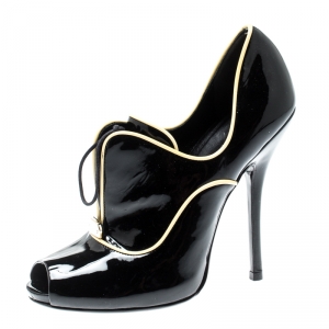 Pre Owned Gucci Black Patent Leather Newton Peep Toe Booties Size 36