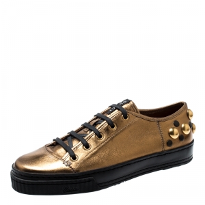 Gucci Metallic Gold Leather Babouska Studded Praga Sneakers Size 38