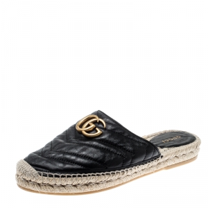 مملوكة مسبقًا حذاء سلايدز غوتشي إسبادريلز فلات G مزدوج جلد مبطن شيفرون أسود مقاس 37.5