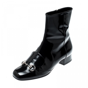 Pre Owned Gucci Black Patent Leather Horsebit Ankle Boots Size 38