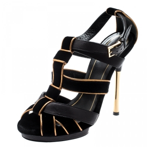 مملوكة مسبقًا Gucci Black Velvet And Leather Malika Strappy Sandals Size 36