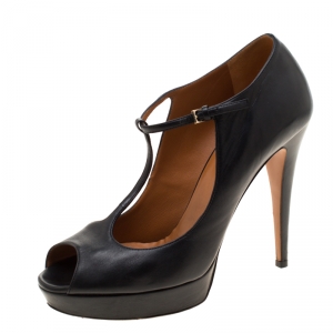 Pre Owned Gucci Black Leather Betty T-Strap Platform Pumps Size 39.5