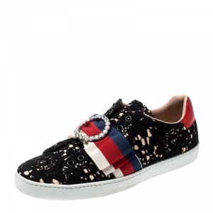 Gucci Black Lace/Satin Ace Web Crystal Embellished Sneakers Size 38.5