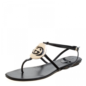 Pre Owned Gucci Black Patent Leather Logo Buckle Flat Thong Sandals Size 36