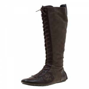 Pre Owned Gucci Brown Leather And GG Canvas Knee High Lace Up Boots Size 38.5