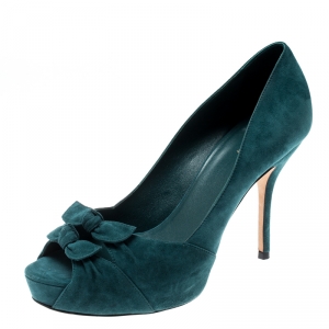 Pre Owned Gucci Deep Green Suede Double Bow Peep Toe Platform Pumps Size 37