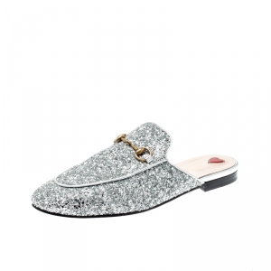 Pre Owned Gucci Silver Glitter Leather Princetown Flat Slide Loafers Size 40.5