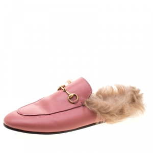 مملوكة مسبقًا Gucci Pink Leather And Fur Lined Princetown Flat Mule Loafers Size 41