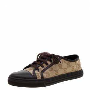 Gucci Brown Leather And Monogram Canvas Lace Up Sneakers Size 37