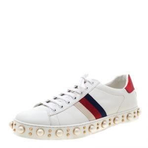 Gucci White Leather Ace Studded Lace Up Sneakers Size 39.5