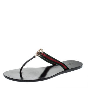 مملوكة مسبقًا Gucci Black Leather/Canvas Web Detail ‘GG’ Thong Flat Sandals Size 39