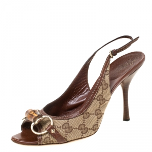 Pre Owned Gucci GG Canvas Bamboo Horsebit Slingback Sandals Size 38