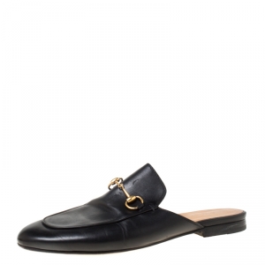Pre Owned Gucci Black Leather Princetown Flat Slide Loafers Size 38.5