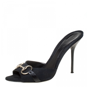 مملوكة مسبقًا صندل غوتشي كانفاس غوتشيسيما أسود هورسبيت مقدمة مفتوحة مقاس 40