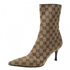 Gucci Brown And Beige GG Monogram Canvas Pointed Toe Ankle Boots Size 37.5