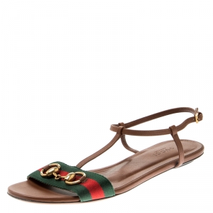 Pre Owned Gucci Brown Leather Web Detail Liliana Horsebit Flat Sandals Size 37