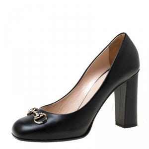 Pre Owned Gucci Black Leather Horsbit Block Heel Pumps Size 41