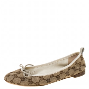 مملوكة مسبقًا Gucci Beige GG Canvas Bow Detail Ballet Flats Size 38