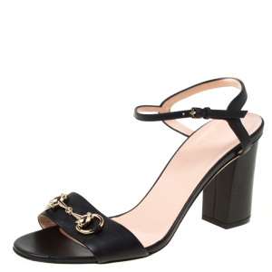 مملوكة مسبقًا Gucci Black Leather Horsebit Ankle Strap Open Toe Block Heel Sandals Size 39.5