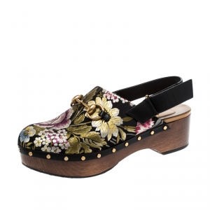Pre Owned Gucci Multicolor Floral Jacquard Horsebit Amstel Slingback Clogs Size 37.5