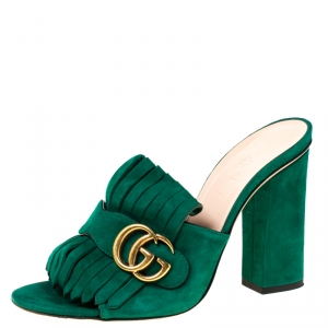 مملوكة مسبقًا Gucci Green Suede GG Marmont Fringe Mules Size 37.5